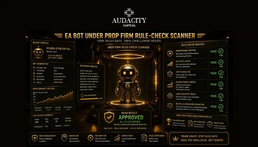 A bot going through a prop firm rule-check scanner