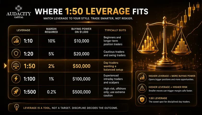 Leverage by trading style: where 1:50 fits