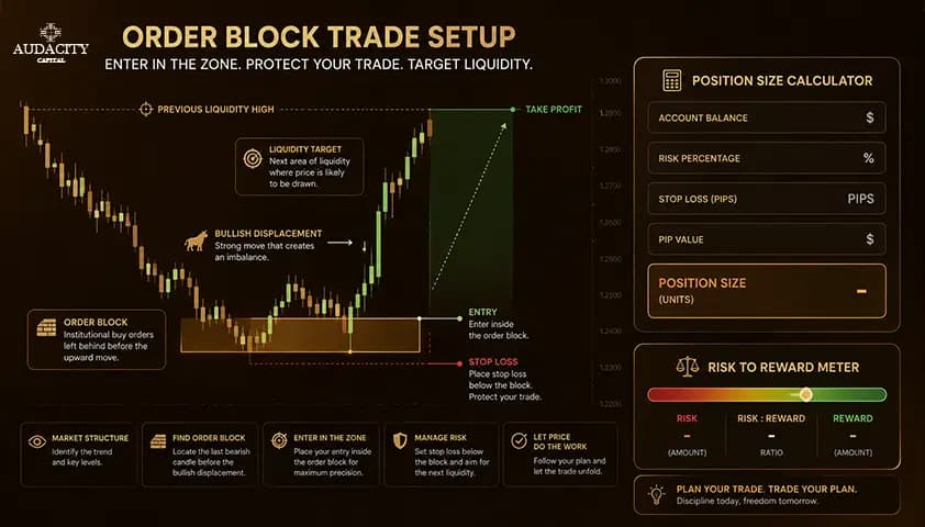 Stop-loss, take-profit, and position sizing for order block trades