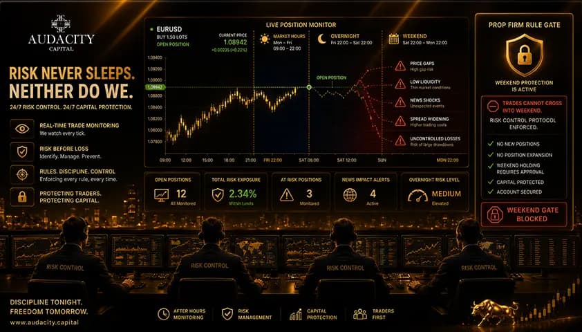 a prop firm risk control room watching trades after market hours